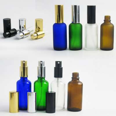 50ml amber clear green blue glass bottle for massage oil/glass essential oil bottle with pump made in China