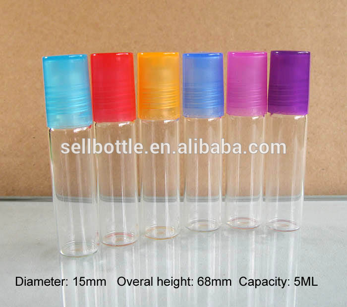 clear glass roll on 5ml bottle with blue/red/orange cap